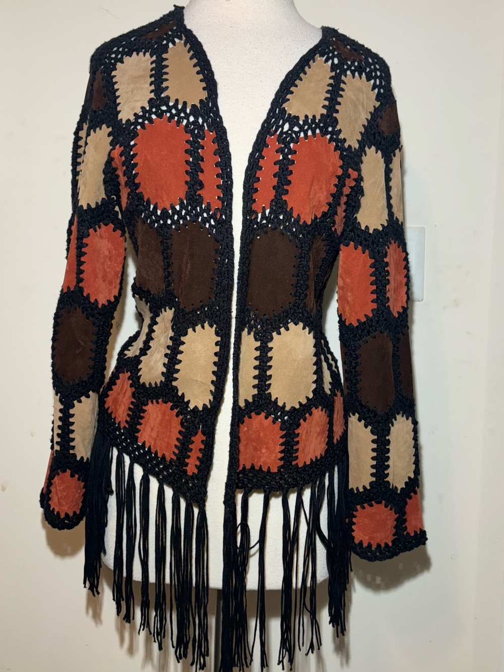 Fringed Patchwork Knit Cardigan Sweater - Rust, Brown & Tan
